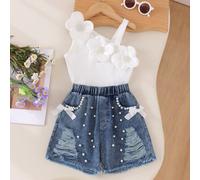 2 pièces/set Ensemble débardeur et short en jean avec décor floral millénaire, nœud, perle et gland pour jeunes filles, été 6Y,7Y,4Y,5YRétroJean,Étoffe