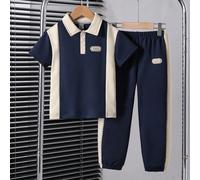 2 pièces/Set Ensemble polo décontracté pour jeune garçon, Top avec panneaux contrastés et décoration d'étiquette tissée, pantalon avec design blocs de couleurs et jambe fuselée, tissu confortable, con