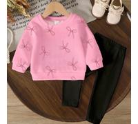 2 pièces/Set Ensemble pull à manches longues et leggings pour bébé fille, motif nœud minimaliste mignon, tricot doux col rond. Convient pour l'automne/l'hiver, confortable et décontracté, option de su