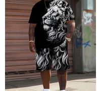 2 pièces/Set Ensemble style de rue grande taille pour hommes, T-shirt à manches courtes avec imprimé tête de lion noir et blanc + short, style décontracté hip hop été sport 1XL,2XL,3XL,4XL,5XL,6XLTiss