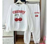 2 pièces/Set Femme Sweat-shirt à col rond surdimensionné à motif cerise et pantalon de survêtement décontracté à taille élastique, automne/hiver L,M,S,XL,XS,XXL,XXS,XXXL,XXXXLFruits & légumesTissu tri