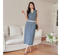 2 pièces/Set Femmes Top en dentelle avec encolure en V sans manches et mini-jupe, ensemble décontracté de style station balnéaire en denim L,M,S,XLUnicoloreJean