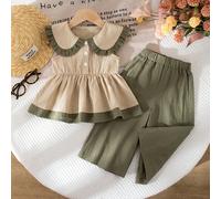 2 pièces/Set Fille bébé 0-3 ans Chemise décontractée quotidienne en coton lavé avec col oversize sans manches et ensemble de pantalon à jambes larges 6-9M,9-12M,12-18M,18-24M,2-3Y,3-6MBlocs de couleur