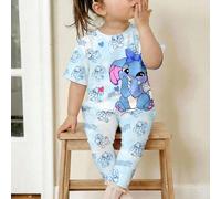 2 pièces/set Fille bébé Décontracté Mignon Lapin bleu de bande dessinée Lulu, Impression Stitch, Tie-Dye Bleu océan T-shirt à col rond manches courtes et legging set, Convient pour le printemps/été, t