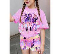 2 pièces/set Fille de dessin animé, dégradé colorée de dopamine, Superstars K-Pop, Chill Chill, Tenue d'été pour jeune fille minimaliste avec t-shirt à manches courtes et shorts 6Y,7Y,8Y,4Y,5YTout Imp
