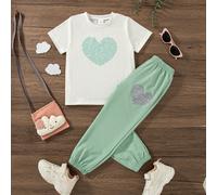 2 pièces/Set Filles Décontracté Quotidien Motif Imprimé Cœur Ajustement Régulier Col Rond Manches Courtes T-Shirt Et Pantalon Long Tenue, Été 6Y,7Y,4Y,5Y,2-3YPolyester