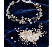 2 pièces/Set Filles Élégant Fait Main Serre-tête en Fil de Cuivre Tressé & Pince à Cheveux Fleur en Tissu Doré Pour Bal de Promo Dîner Princesse Cosplay Fête Photo PlantesCuivre,Alliage de zinc
