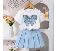 2 pièces/Set Fillettes Tout-Petits Y2K Doux Mignon Nœud Papillon Col Rond Manches Courtes T-Shirt Court Tricoté Blanc + Jupe Plissée Texturée Bleue Mini Set 6Y,7Y,4Y,5YPlantesPolyester