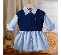 2 pièces/Set Gilet brodé pour bébé fille & Robe chemise à manches longues rayée, tenue décontractée pour tous les jours, polyvalente pour assortir, printemps/été, sorties, maison, style preppy 6-9M,9-