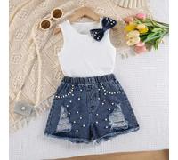2 pièces/set Gilet décontracté de mode mignon et confortable avec design nœud et short en jean bleu vintage délavé avec décoration de perles pour filles, été 7Y,8Y,9Y,10Y,11Y,12YBlocs de couleurJean,É