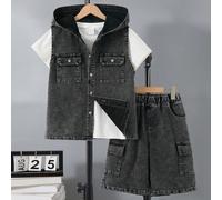 2 pièces/Set Gilet en jean et shorts cargo pour pré-adolescents, nouvelle arrivée d'été, style de rue décontracté, couleur jean délavé bleu clair, convient pour la rentrée scolaire, design taille élas