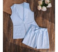 2 pièces/Set Gilet sans manches avec nœud papillon et ceinture & shorts pour filles préadolescentes, tenue de mode décontractée. Assortiment pour frères et sœurs (2 sets vendus séparément) 8Y,9Y,10Y,1