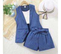 2 pièces/Set Gilet sans manches avec nœud papillon et short pour filles préadolescentes, tenue de mode décontractée. Assortiment pour frères et sœurs (2 sets vendus séparément) 8Y,9Y,10Y,11Y,12YUnicol