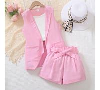 2 pièces/Set Gilet sans manches avec nœud papillon et short pour filles préadolescentes, tenue de mode décontractée. Assortiment pour frères et sœurs (2 sets vendus séparément) 8Y,9Y,10Y,11Y,12YUnicol