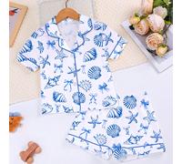 2 pièces/Set Haut à col polo à manches courtes avec imprimé coquillage et étoile de mer + Short ample à taille élastique, pour tout-petits et jeunes enfants. Ensemble de pyjama en tissu doux et respir