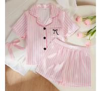 2 pièces/Set Haut à manches courtes et short de loungewear pour jeune fille, avec col ouvert, poche brodée de nœud et faux-soie, style décontracté 6Y,7Y,8Y,4Y,5Ygraphique,RayéSatin