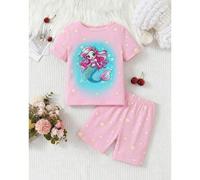 2 pièces/Set Haut à manches courtes et short de pyjama pour filles/tout-petits, imprimé sirène et étoile rose qui brille dans le noir, en tricot élastique doux, col rond, pour le printemps/été 6Y,7Y,4