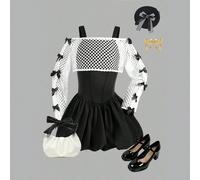 2 pièces/Set Jeune fille Décontracté Doux Top Blanc à Manches Longues avec Décoration de Nœud en Filet au Crochet et Jupe Noire en Tricot avec Volant, Tenue de Mode Streetwear 8Y,9Y,10Y,11Y,12YUnicolo