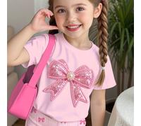 2 pièces/set Jeune fille décontractée mignonne T-shirt à manches courtes col rond style ballet rose crème avec imprimé nœud texturé et short rose et blanc rayé, convient pour l'été 6Y,7Y,8Y,4Y,5Y,2-3Y