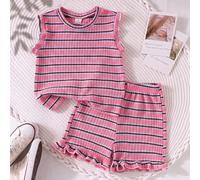 2 pièces/set Jeune fille Ensemble de gilet ample en tricot jacquard rayé et short, convient pour le décontracté, les vacances, les sports, l'été 6Y,7Y,4Y,5YRayéTissu tricoté