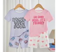 2 pièces/Set Jeune fille Ensemble de pyjama ajusté à manches courtes avec imprimé texte donut violet et cœur rose 6Y,7Y,4Y,5YLettresTissu tricoté