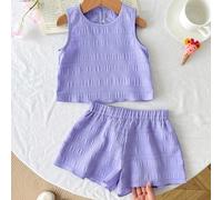 2 pièces/set Jeune fille Été Décontracté Vacances Quotidien Minimaliste Texture tissée Brise violette Style Couleur unie Col rond Sans manches Haut et Short ample en tissu unicolore Couleur unie 6Y,7Y