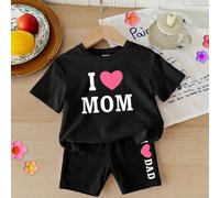 2 pièces/Set Jeune fille "J'AIME MAMAN ET PAPA" Ensemble T-shirt à manches courtes et short, tenue d'été décontractée 6Y,7Y,4Y,5YgraphiquePolyester
