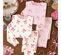 2 pièces/Set Jeune fille Mignon Style Ballet Rose nœud & Imprimé cœur, Imprimé Ruban nœud Rose, Confort Facile, Ensemble Haut à Manches Longues et Pantalon de Pyjama, Convient pour l'Été, l'Automne, l