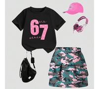 2 pièces/Set Jeune fille mode décontractée Printemps/Été T-shirt à manches courtes et ensemble jupe imprimé camouflage, T-shirt confortable col rond et jupe cargo stylée, convient pour l'extérieur, le