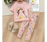 2 pièces/Set Jeune fille Tenue d'été décontractée avec T-shirt à col rond à manches courtes avec motif portrait et pantalon 6Y,7Y,4Y,5YCartoon,PlantesPolyester,Tissu tricoté