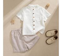 2 pièces/Set Jeune garçon 4-7 ans Style français Chemise à col texturé rayé blanc Assortie avec short rayé tissé, Tenue confortable et 6Y,7Y,4Y,5YRayéPolyester