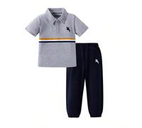 2 pièces/Set Jeune garçon Chevalier Imprimé rayé Polo Col Manches courtes T-shirt et Pantalon, Tenue décontractée 90,100,110,120,130Portrait,Géométrique,Lettres,RayéÉtoffe