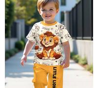2 pièces/set Jeune garçon décontracté mignon, t-shirt à manches courtes à col rond style sportif lâche et confortable avec motif animal ours, lion, lettre "KING" et graffiti, et pantalon. 6Y,7Y,4Y,5YA