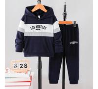 2 pièces/Set Jeune garçon Style de rue européen et américain Décontracté Quotidien sweat-shirt à capuche ample avec imprimé lettres et Pantalon de jogging, Design graphique de lettres, Style universit