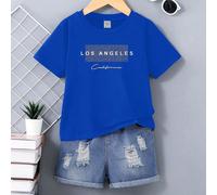 2 pièces/Set Jeune garçon T-shirt à col rond à manches courtes imprimé à carreaux Los Angeles et shorts en jean délavé 6Y,7Y,4Y,5YLettres,SloganJean,Étoffe