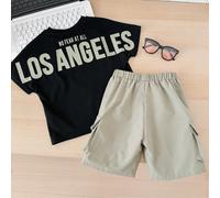 2 pièces/set Jeune garçon t-shirt ample à col rond avec imprimé lettre Los Angeles, style décontracté de rue et short de sport 6Y,7Y,8Y,9Y,4Y,5Y,3-4YLettresTissu tricoté,Tissu tissé