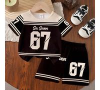 2 pièces/set Jeune garçon Tenue décontractée créative avec numéro 67 rayé et couleurs contrastées. T-shirt graphique et short, confortable pour l'été 6Y,7Y,4Y,5YLettresÉtoffe