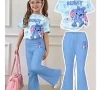 2 pièces/set Lapin bleu mignon de dessin animé Lulu, motif Stitch, bleu océan frais tie-dye, jeune fille minimaliste décontractée, ensemble t-shirt à col rond à manches courtes et pantalon évasé, conv