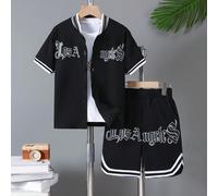 2 pièces/Set Mode décontractée pour garçons plus âgés, t-shirt à manches courtes avec imprimé graphique Los Angeles et short côtelé, printemps/été 8Y,9Y,10Y,14Y,12YRayéTissu tricoté