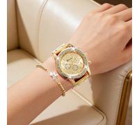 2 pièces/set Montre à quartz mode polyvalente pour femmes, cadran rond, bracelet en acier allié, comprend un bracelet décoré d'un nœud de strass, convient pour les cadeaux, les vacances et le port quo