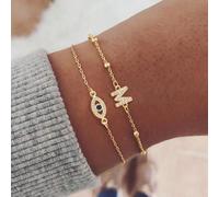 2 pièces/set Nouveau collier pendentif minimaliste avec lettre et œil, bracelet en acier inoxydable doré à plusieurs rangs pour femmes L,M,S,H,A,T,O,B,C,D,E,F,G,I,J,K,N,P,R,V,W,Y,ZAcier inoxydable