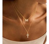 2 pièces Set Nouveau Collier Pendentif Minimaliste Classique Lettre & Croix, Chaîne en Acier Inoxydable Doré, Femmes L,M,S,H,A,T,O,B,C,D,E,F,G,I,J,K,N,P,R,V,W,Y,ZAcier inoxydable