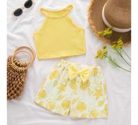 2 pièces/Set Nouveau ensemble mode d'été pour jeunes filles, débardeur en mousseline de soie couleur unie + shorts imprimés de créatures sous-marines décorés d'un nœud papillon, convient pour les vaca