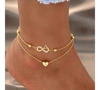 2 pièces/set Nouveau mode cœur et symbole infini Bracelet de cheville, Bracelet de cheville multicouche en acier inoxydable doré perlé pour femmes L,M,S,H,A,T,O,B,C,D,E,F,G,I,J,K,N,P,R,V,W,Y,ZAcier in