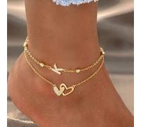 2 pièces/set Nouveau mode double cœur initiale femmes bracelets de cheville en acier inoxydable doré avec chaîne à perles multicouches pour femmes L,M,S,H,A,T,O,B,C,D,E,F,G,I,J,K,N,P,R,V,W,Y,ZAcier in