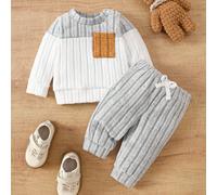 2 pièces/set Nouveau-né bébé décontracté multi-couleurs avec poche, t-shirt tricoté confortable à rayures avec épaules ouvertes et boutons-pression, manches longues, col ras du cou, et pantalon à tail