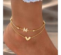 2 pièces/set Nouvelle mode Conception de cœur et de lettre Femmes Bracelet de cheville multicouche en acier inoxydable avec perles L,M,S,H,A,T,O,B,C,D,E,F,G,I,J,K,N,P,R,V,W,Y,ZAcier inoxydable