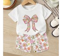 2 pièces/Set Nouvelle mode décontractée mignonne polyvalente pour bébé fille. Ensemble de t-shirt à manches courtes doux avec design floral et nœud, et short. Convient pour les sorties, la photographi