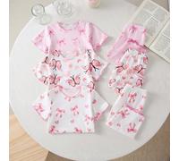 2 pièces/Set Pantalon à manches courtes pour bébé nouveau-né, tricoté avec un motif mignon d'nœud et de lettre rose. Pyjamas doux et confortables, meilleur cadeau et vêtement pour les nouveau-nés 6-9M