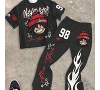 2 pièces/Set Personnage de dessin animé classique décontracté, Nom de ville New York, Flamme, Imprimé graphique étoile T-shirt col rond et Pantalon évasé Ensemble pour garçons adolescents, Convient po